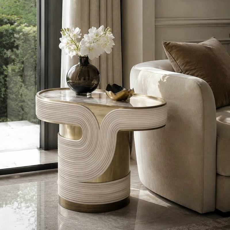 Outdoor Furniture Dubai - Meja Marmer Oval Emas Dubai Taman